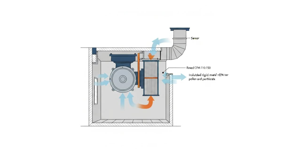 Diagram: cross-section of an upgraded bathroom exhaust fan installation showing HEPA-grade filtration cartridge in the exhaust path, oversized 110-150 CFM fan with timer control, ducted to exterior with rigid metal duct and minimal elbows, and a sealed ceiling housing that prevents air leakage back into the room