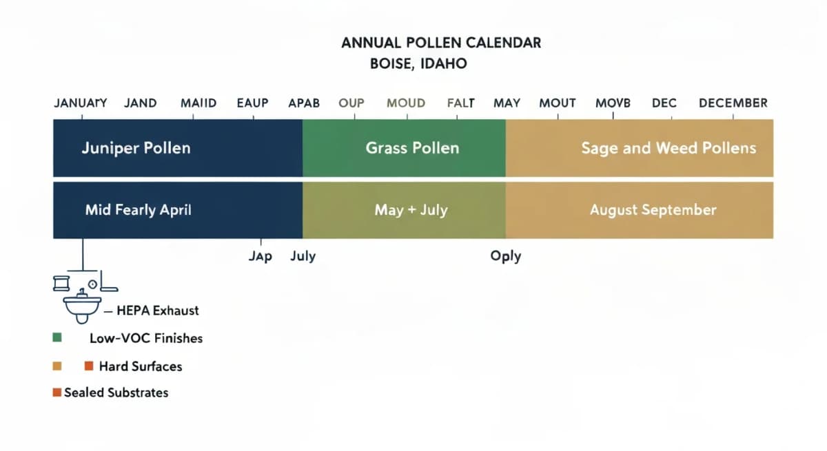 Diagram: annual Boise pollen calendar showing peak pollen levels for juniper (February through early April), grass (May through July), and sage/weed (August through September) across 12 months, with the bathroom design implications labeled — vapor exhaust capacity, low-VOC finishes, hard-surface materials, integrated air purification