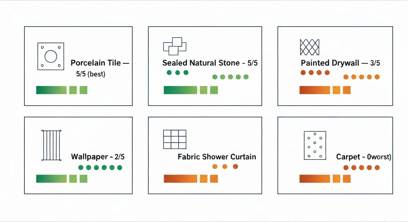 Comparison: six bathroom material categories arranged in a grid showing their allergen-accumulation potential — porcelain tile (low), natural stone with sealed grout (low), painted drywall (medium), wallpaper (medium-high), fabric shower curtain (high), carpet (very high) — each with a stylized icon and a numeric allergen-friendliness rating from 1 to 5