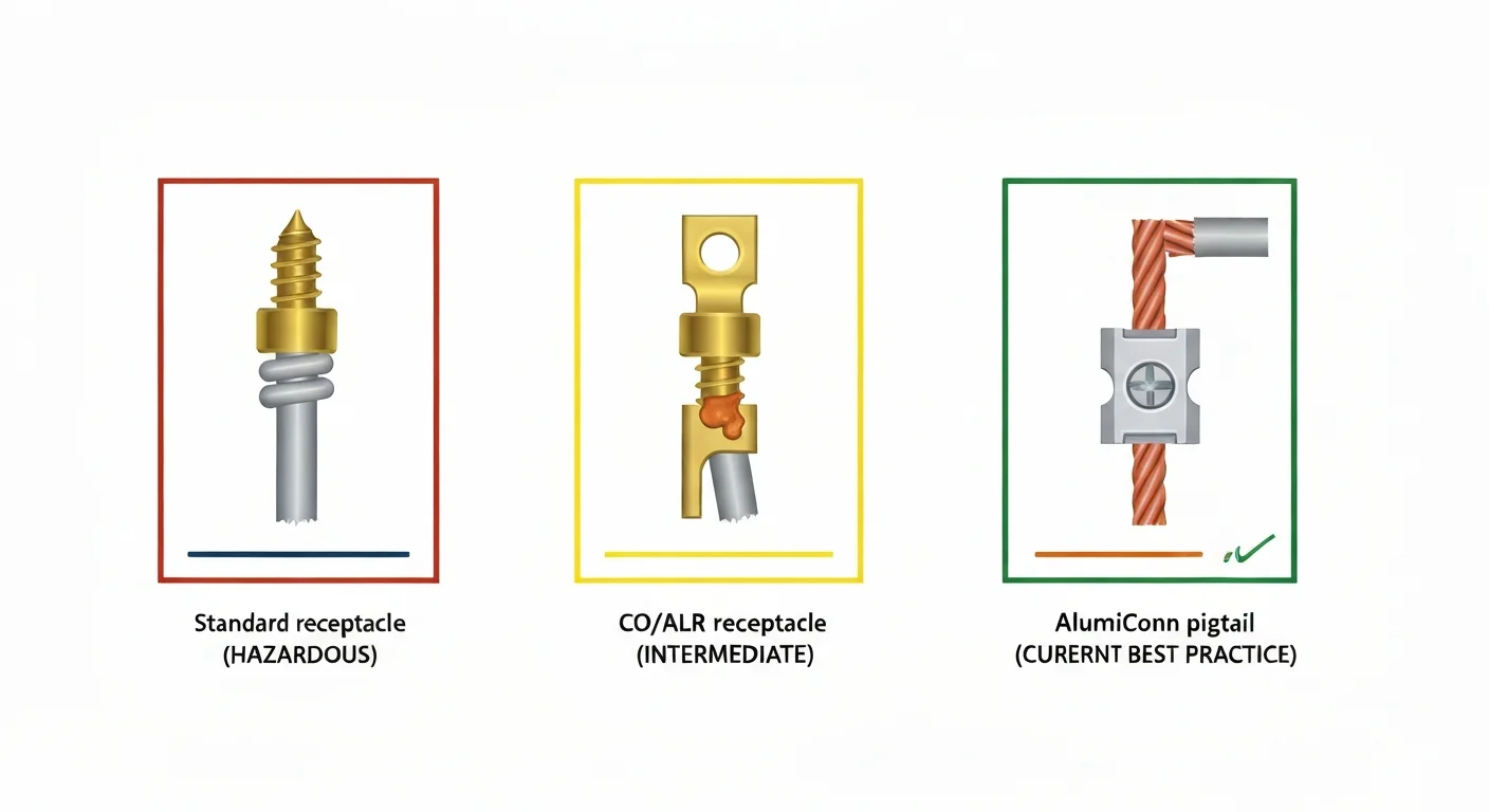 Comparison cross-section diagram showing three aluminum wire termination options — left side shows a standard brass terminal screw with aluminum wire wrapped around it (the original installation, now hazardous), middle shows a CO/ALR-rated receptacle with terminal screws specifically engineered for aluminum, right side shows an AlumiConn connector with copper pigtail extending from an aluminum-rated splice