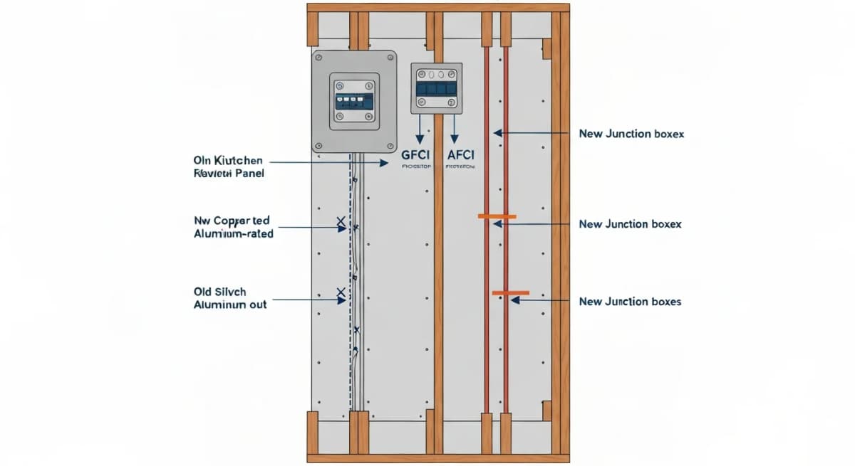 Architectural cross-section diagram showing the scope of a full kitchen rewire to copper — labeled aluminum supply conductor removed from the wall, new 12-gauge copper conductor pulled through the same stud bay, new junction boxes, GFCI and AFCI breakers updated at the panel, and labeled tie-in points