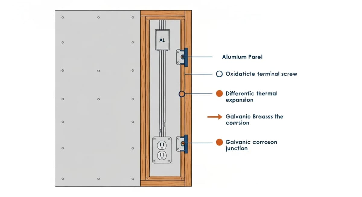 Architectural cross-section diagram of a 1965-1975 era Boise kitchen showing the aluminum branch wiring inside the wall cavity — labeled aluminum supply conductor running from breaker panel through the stud bay to a receptacle box, with detailed annotations on the oxidation point at the receptacle terminal screw, the differential thermal expansion at connection points, and the three remediation options shown as overlays