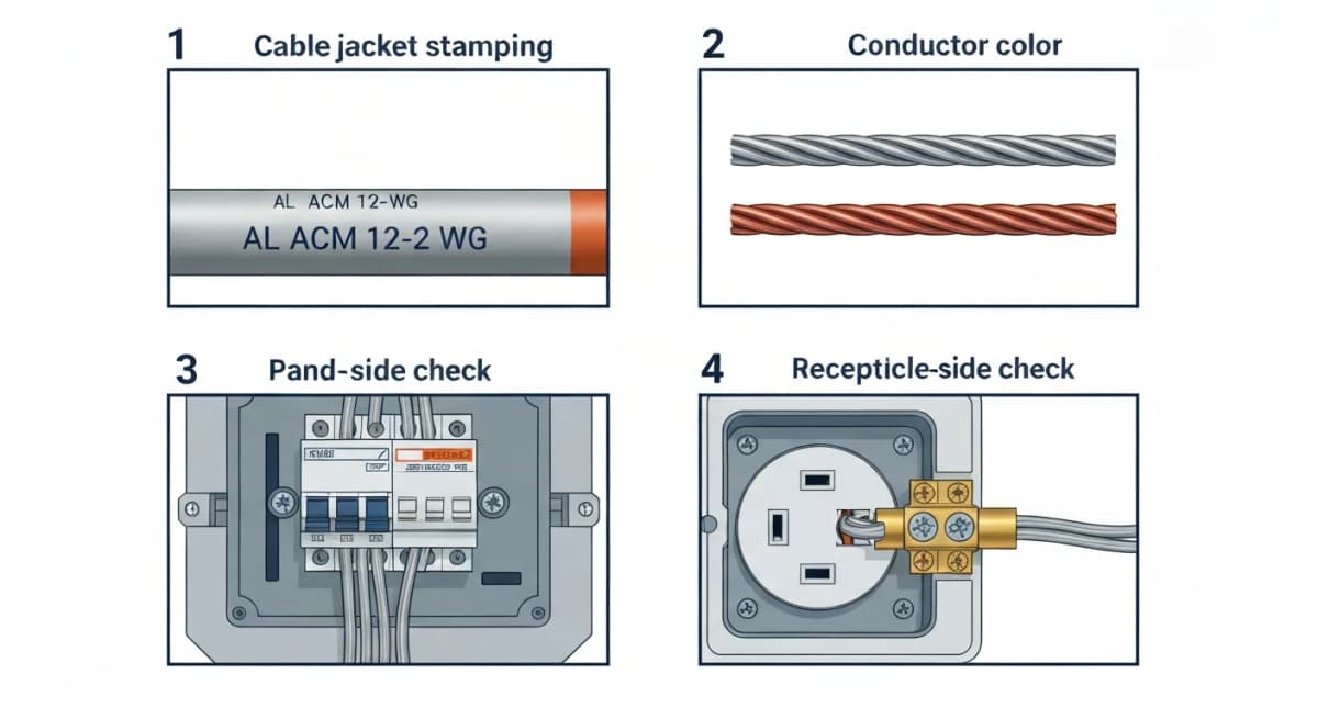 Comparison diagram showing identification details for aluminum branch wiring — close-up of the wire insulation marked with 'AL' or 'ALUMINUM' stamped along the cable jacket, a magnified view of the aluminum conductor's silver-gray color vs copper's reddish color, panel-side identification at the breaker, and receptacle-side identification with the silver-gray wire terminating at brass screw terminals