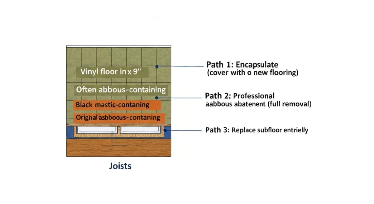 Architectural detail diagram showing pre-1985 Boise bathroom floor cross-section — 9x9 inch vinyl floor tile labeled (often asbestos-containing), black mastic adhesive (also often asbestos-containing), original subfloor below, with three remediation paths shown as overlays: 'Encapsulate' (cover with new flooring over existing), 'Professional asbestos abatement', and 'Replace subfloor entirely'