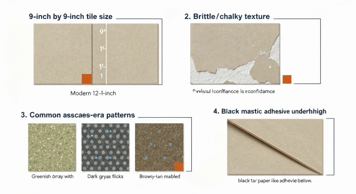 Close-up comparison diagram showing four visual identification features of asbestos vinyl flooring — 9x9 inch tile size (vs modern 12x12), brittle/chalky texture, common color patterns (greenish-tan with light flecks, dark gray/black with white flecks, light blue with darker dots, brown-tan with marbled pattern), and the presence of black tar-paper underlayment or black mastic adhesive — each labeled with identification confidence and recommendation