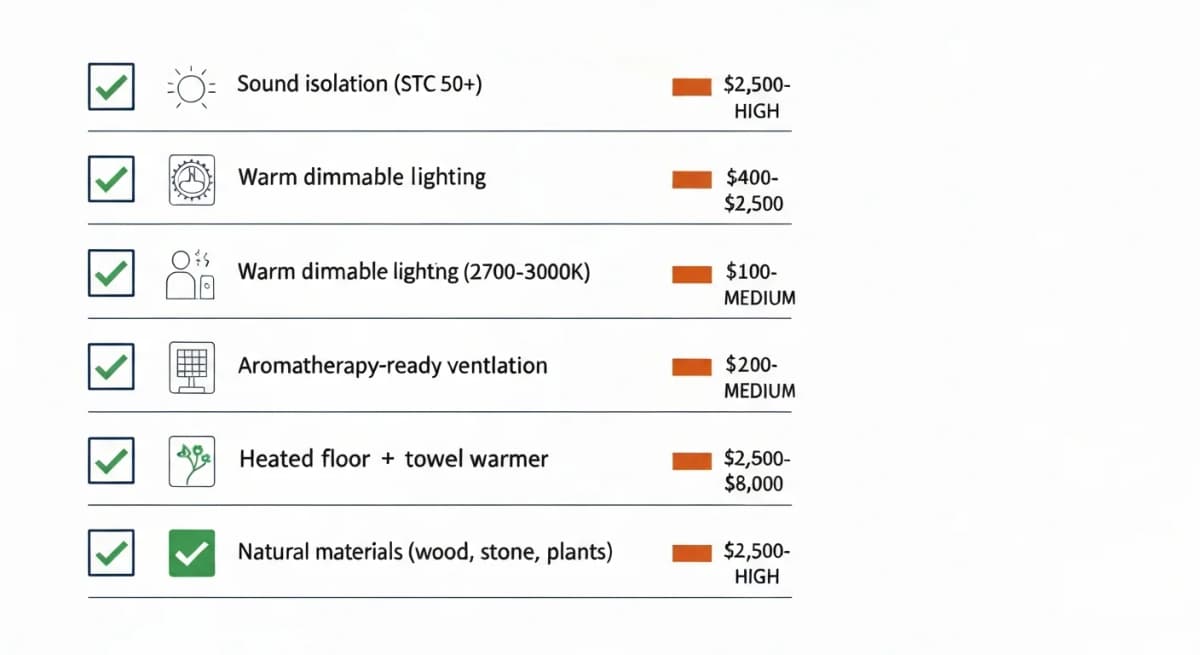 Checklist diagram in flat technical illustration style showing five sanctuary-design elements with their cost ranges and decompression impact ratings — sound isolation (STC 50+), warm dimmable lighting (2700-3000K), aromatherapy-ready ventilation, radiant heated floors plus towel warmer, natural-material accents — each checkbox-formatted
