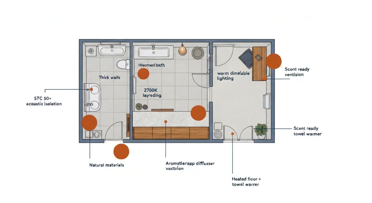 Architectural overhead floor plan diagram of a sanctuary-design bathroom showing five labeled decompression elements — sound isolation zone (STC 50+ walls and quiet exhaust), dimmable layered lighting (warm 2700K with full dimming), scent diffuser zone with ventilation, temperature-controlled radiant floor and towel warmer, and natural-material specification (wood, stone, plant) — each with annotation explaining the decompression contribution