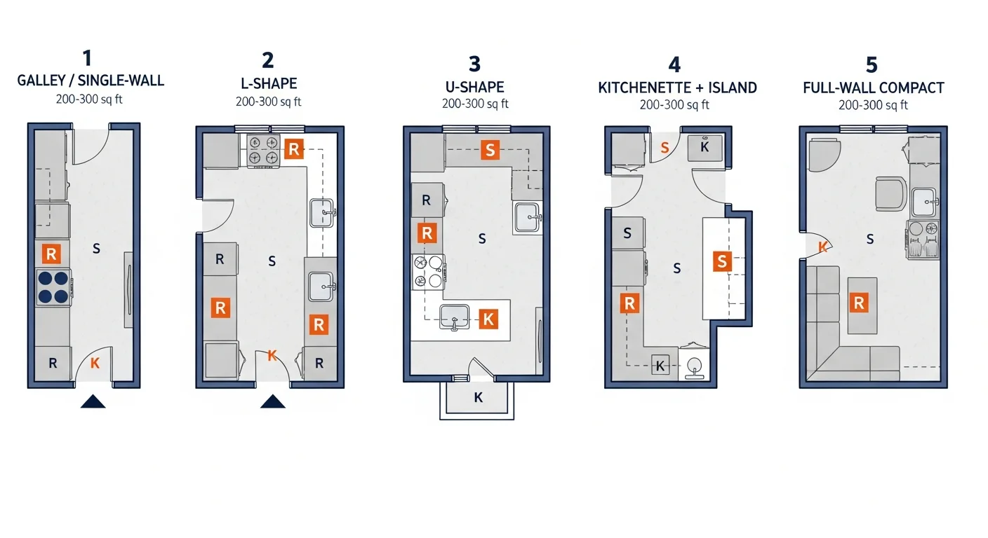 Comparison: five overhead floor plan views of small ADU kitchens — galley single-wall, L-shape, U-shape, kitchenette plus island, and full-wall compact — each shown at the same approximate 200-300 sq ft footprint with appliance placement, counter run length, and aisle clearances visible