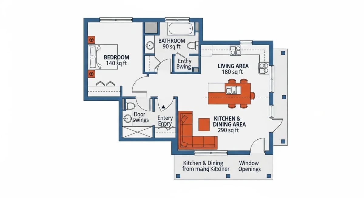 Diagram: overhead floor plan view of a typical Boise 700 sq ft ADU showing the bedroom (140 sq ft), bathroom (90 sq ft), living area (180 sq ft), and the remaining 290 sq ft allocated to combined kitchen and dining — with the kitchen footprint highlighted in burnt orange