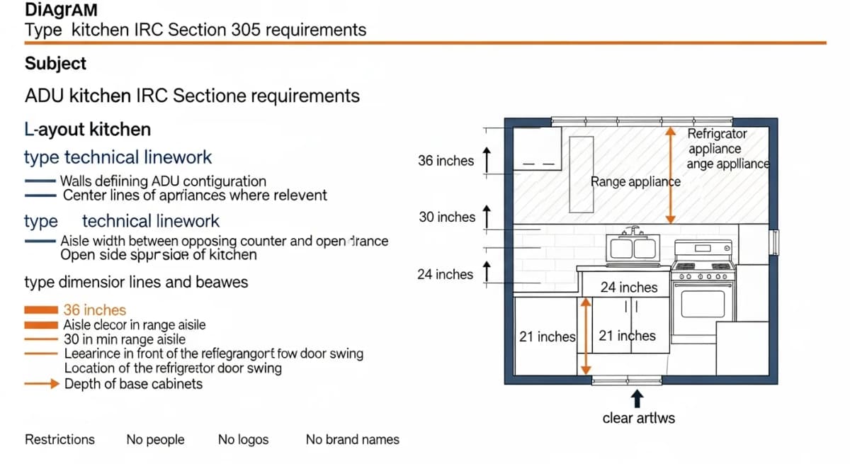 Diagram: IRC 305 clearance requirements overlaid on a small ADU kitchen plan — minimum 36-inch aisle width between opposing counters, minimum 24-inch clearance in front of the refrigerator, minimum 30-inch range cooking aisle, minimum 21-inch base cabinet depth — each clearance labeled with dimensions