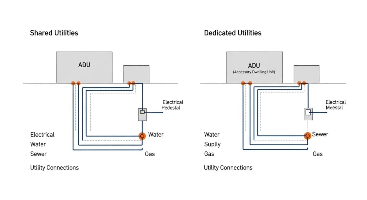 Diagram: ADU kitchen utility infrastructure plan showing the shared 200-amp electrical panel option versus a dedicated ADU subpanel, water supply tie-in from the main house, drain connection to the main sewer line, gas line routing if applicable, and vent stack penetration to the ADU roof