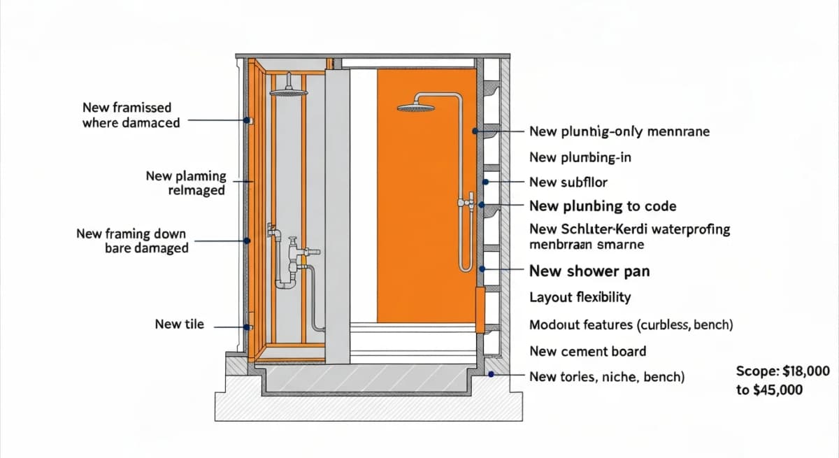 Cross-section diagram showing the scope of a full shower rebuild — old shower demolition complete down to bare framing and subfloor, new plumbing rough-in with pressure-balanced mixing valves, new shower pan with curbless threshold option, new waterproofing membrane and cement board, new tile installation — with annotations on the additional scope items that distinguish a full rebuild from a membrane-only repair