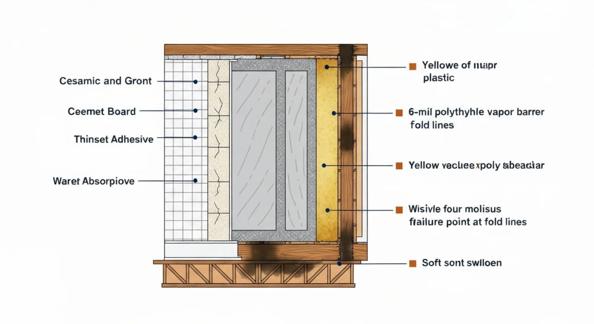 Architectural cross-section diagram of a 1990s residential shower wall showing the failing waterproofing system from inside out — tile and grout surface with hairline cracks at grout joints, thinset adhesive layer with moisture penetration arrows, cement board with absorbed moisture stains, brittle and cracked 6-mil polyethylene vapor barrier (yellowed and torn at fold lines), wall framing showing moisture-related rot at the studs and bottom plate, subfloor showing soft swollen areas — with annotations on each layer's failure mode
