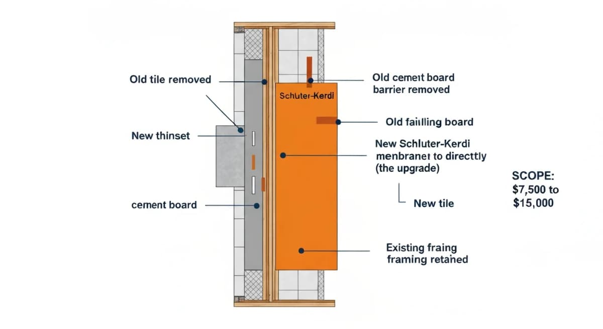Cross-section diagram showing the scope of a membrane-only shower repair — existing tile removed from shower walls, original cement board and failing poly vapor barrier removed, new Schluter-Kerdi waterproofing membrane installed directly to studs, new cement board installed over the membrane, new tile installed over cement board — with annotations on layer thicknesses, cost ranges, and what the framing inspection should reveal