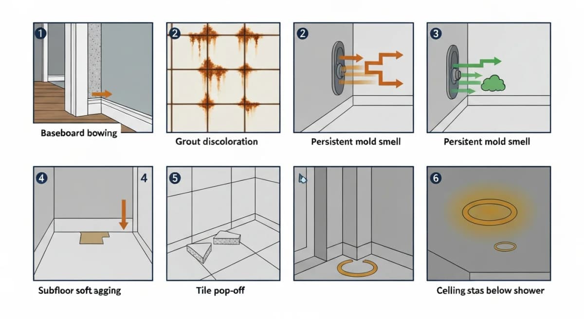 Six-panel diagnostic diagram in flat technical illustration style showing visible warning signs of shower vapor barrier failure — panel 1 baseboard bowing outward at the shower wall, panel 2 grout discoloration with brown stains, panel 3 mold smell indicator with airflow arrows from the wall cavity, panel 4 subfloor soft-spot in front of the shower threshold, panel 5 tile pop-off at the floor-wall transition, panel 6 ceiling stain below an upstairs shower — each panel labeled with the specific failure signal
