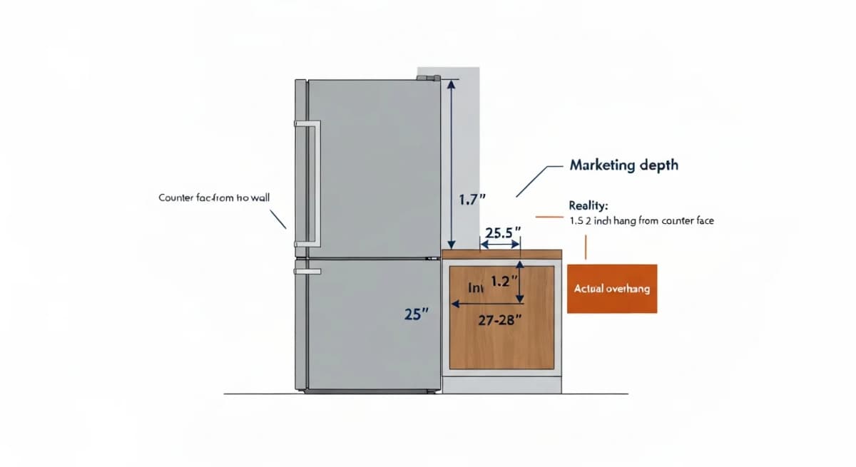 Architectural side-view diagram of a counter-depth refrigerator in a kitchen cabinet run showing the actual dimensional overhang — refrigerator body depth labeled (25.5 inches typical), door front depth including hardware labeled (27-28 inches total), and the resulting overhang from the adjacent counter face shown clearly with dimension lines