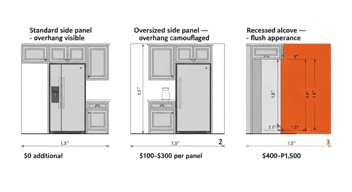 Architectural elevation diagram showing three side-panel configurations for refrigerator integration — option 1 standard cabinet box with refrigerator overhanging, option 2 oversized side panel matching refrigerator depth, option 3 recessed alcove with refrigerator pulled flush into deeper cabinet box — each labeled with cost premium and visual impact