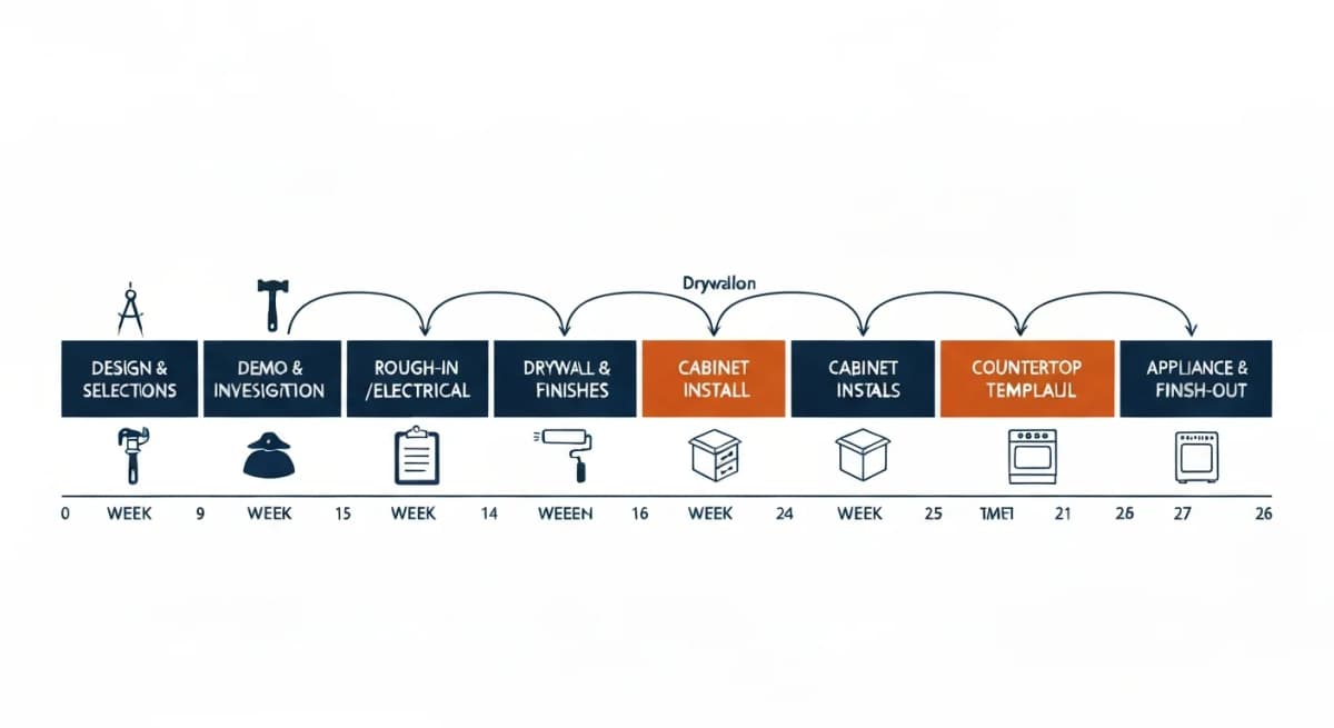 Architectural sequence diagram: seven labeled phases of a Boise kitchen remodel arranged left-to-right on a timeline — design and selections, demolition, structural/framing, rough-in plumbing and electrical, inspection, drywall and finishes, cabinet installation, countertop template and install, appliance and finish-out — with annotated dependency arrows showing which decisions lock in which subsequent decisions