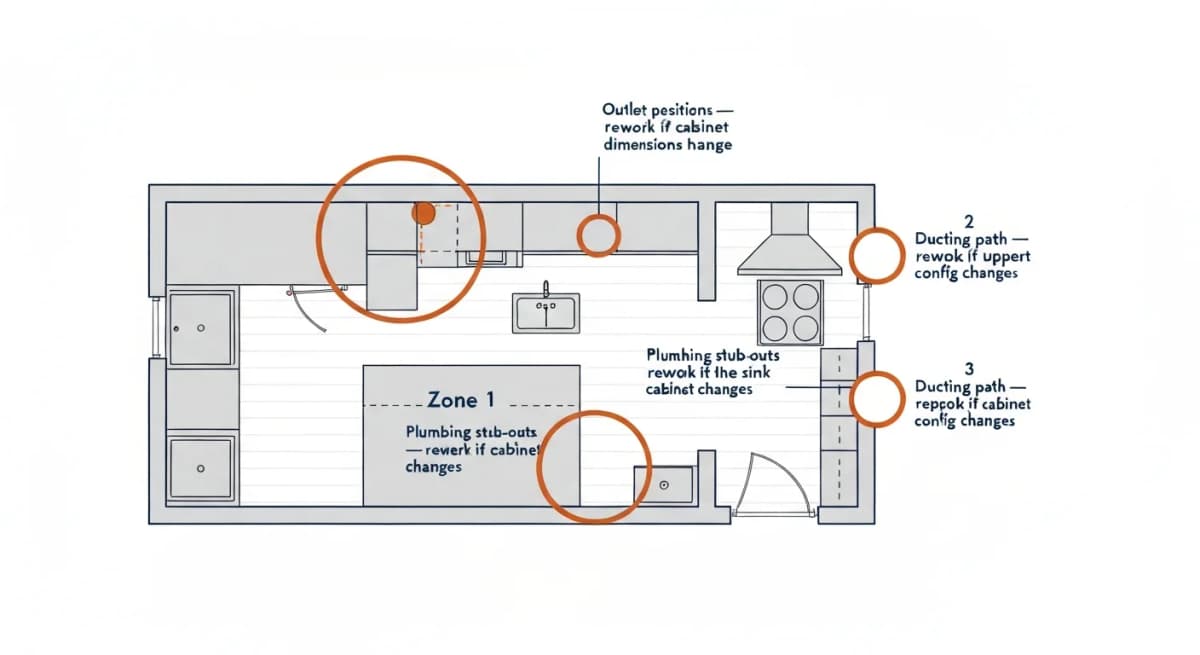Floor-plan diagram: kitchen layout with three highlighted rework zones — outlet/switch positions that depend on cabinet box dimensions, plumbing rough-in stub-out locations that depend on sink-cabinet selection, range hood ducting path that depends on cabinet uppers above the range — each zone labeled with the dollar-range of rework cost if the cabinets are ordered before these positions are finalized