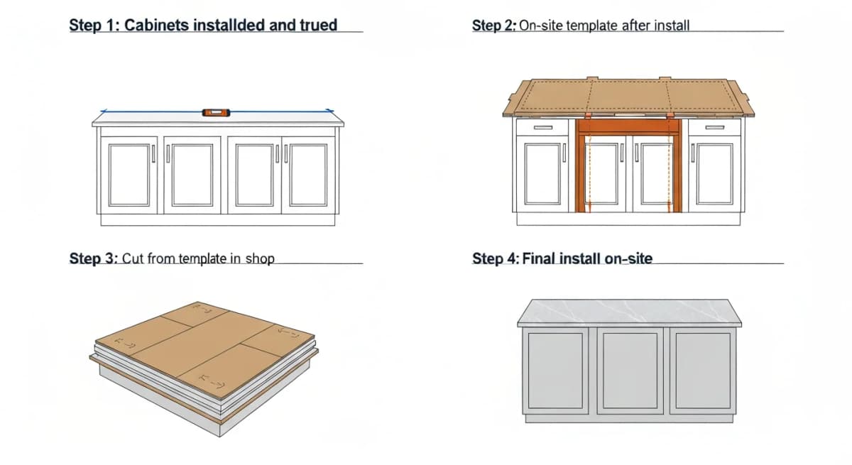 Step-by-step diagram: countertop template sequencing — installed cabinets in place with level laser line showing cabinet tops trued, fabricator templating directly on top of installed cabinets with cardboard or laser scanner, template returned to fabrication shop for cutting, final stone slab returned to site for installation with seams sealed and edges polished — emphasizing that template happens after cabinets are installed, not before