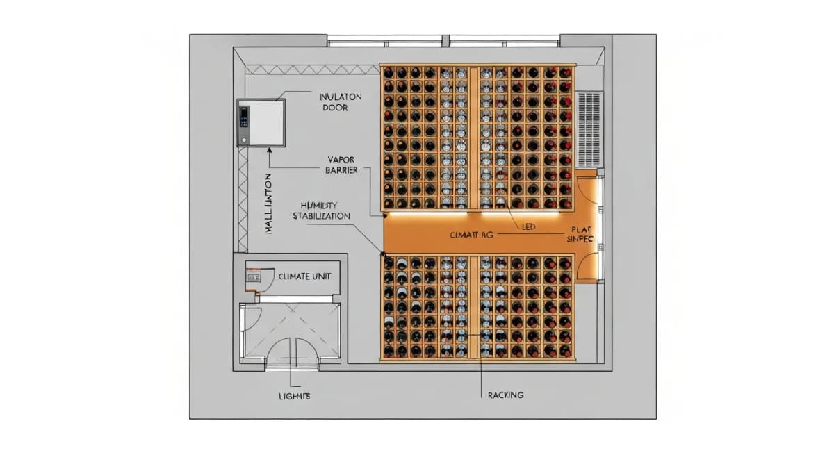 Floor plan diagram: walk-in pantry conversion to wine cellar showing the original pantry layout with shelving converted to a cellar with insulated walls, climate control unit mounted to one wall, humidity stabilization, custom wine racking for 200-500 bottles, LED lighting, and an insulated door