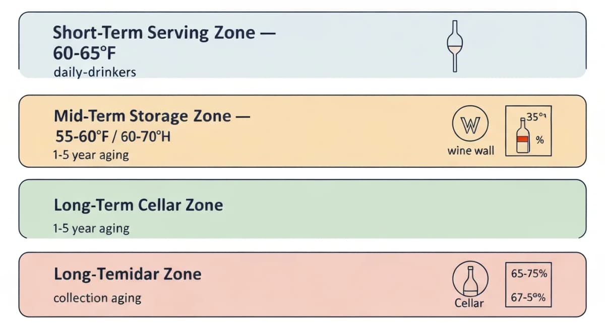 Diagram: kitchen wine storage temperature and humidity zones — short-term serving zone (60-65°F, 50-60% humidity) for daily-drinkers, mid-term storage zone (55-60°F, 60-70% humidity) for 1-5 year aging, and long-term cellar zone (50-55°F, 65-75% humidity) for collection aging — with kitchen integration approach labeled for each zone