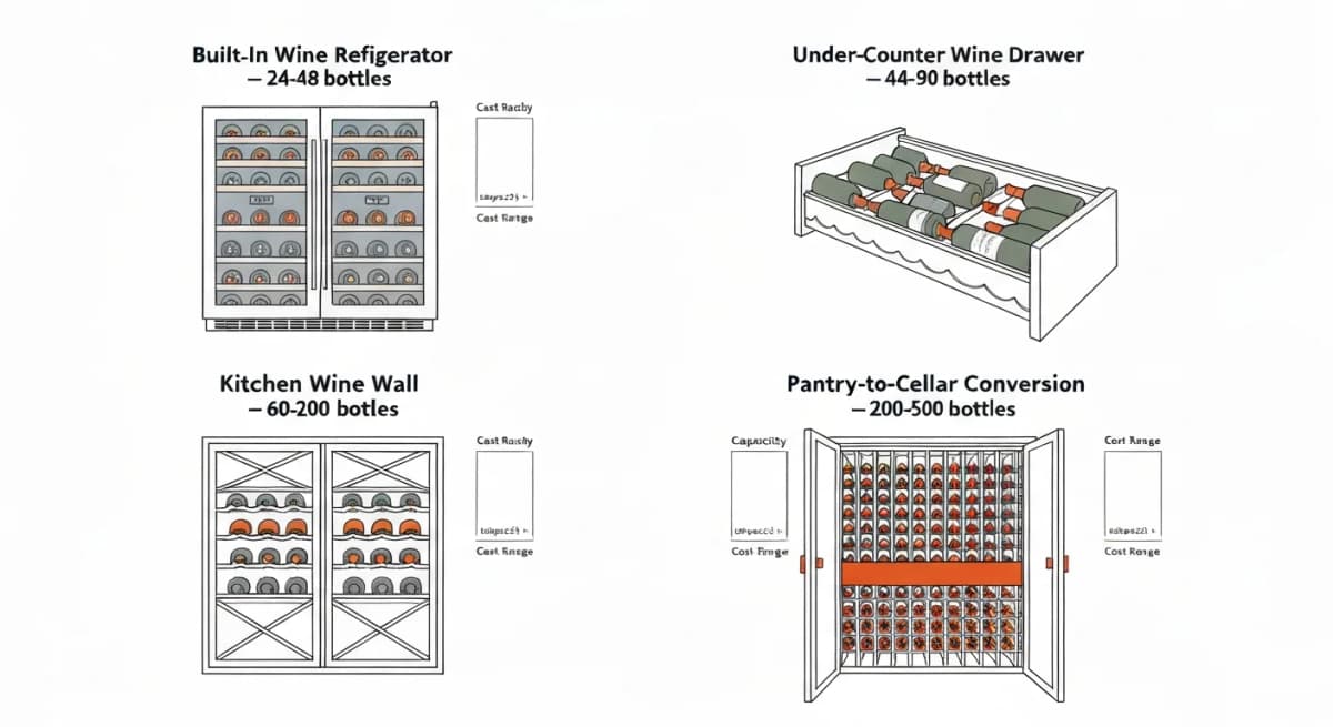 Comparison: four wine storage configurations integrated into kitchen design — built-in dual-zone refrigerator (24 bottles, daily-drinkers + serving), under-counter wine drawer (24-44 bottles, mid-term), dedicated wine wall (60-150 bottles, collection display), and pantry-converted cellar (200+ bottles, long-term collection) — each with cost range and capacity labeled