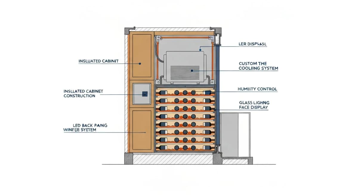 Diagram: kitchen wine wall installation cross-section showing the climate-controlled glass enclosure built into the kitchen wall — labeled cooling unit, humidity control, racking system for 60-120 bottles, LED lighting, glass face for display, and insulated cabinet walls
