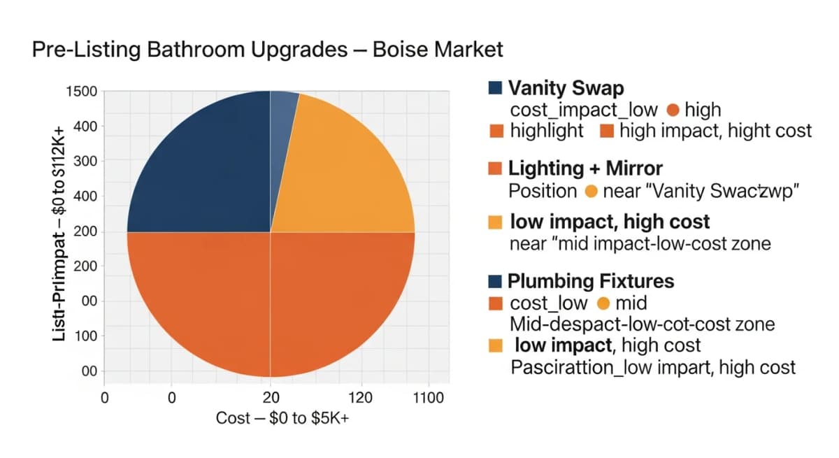 Diagram: cost-versus-list-price-impact scatter plot showing 7 pre-listing bathroom upgrade categories plotted by typical Treasure Valley cost on the horizontal axis and typical list-price impact on the vertical axis, with the 'sweet spot' upper-left quadrant highlighted in burnt orange