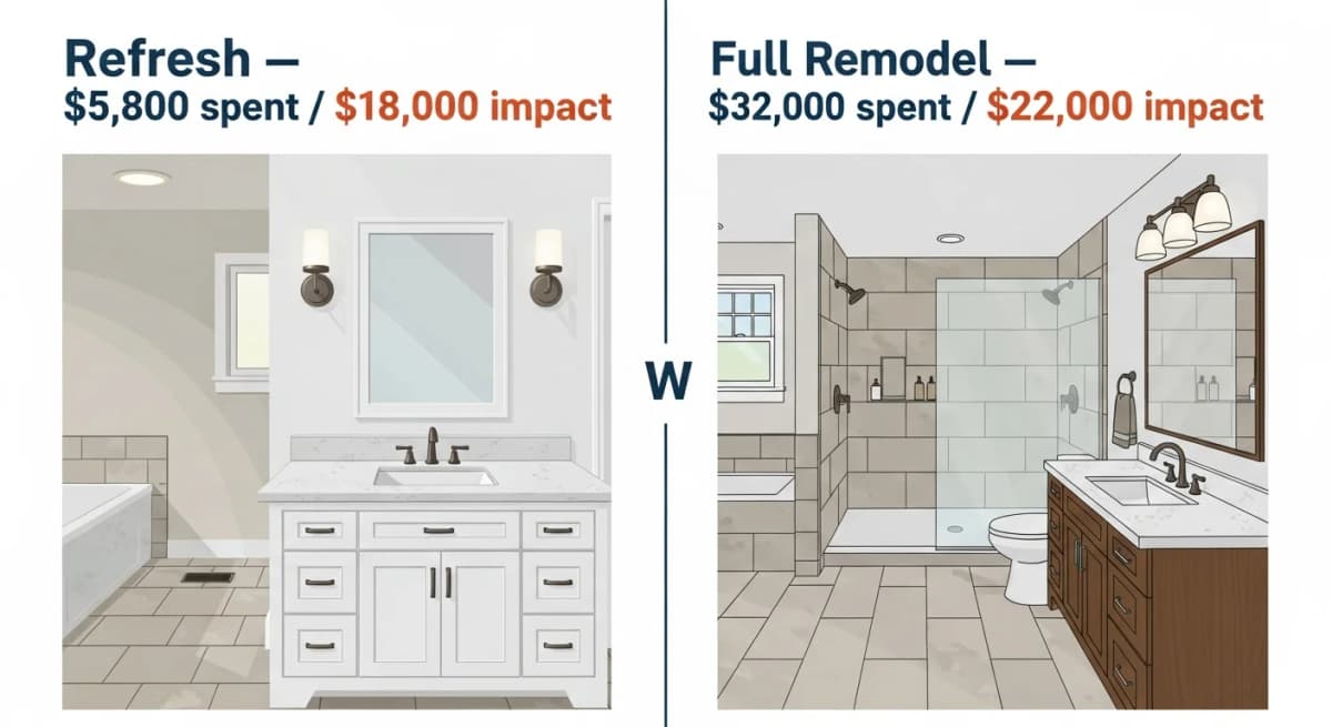 Comparison illustration: side-by-side of two bathroom scenes — a refreshed bathroom (new vanity, new lighting, new paint, new fixtures, original tile and tub) on the left labeled with $5,800 cost and $18,000 list-price impact, versus a fully remodeled bathroom (everything new including tile and tub) on the right labeled with $32,000 cost and $22,000 list-price impact