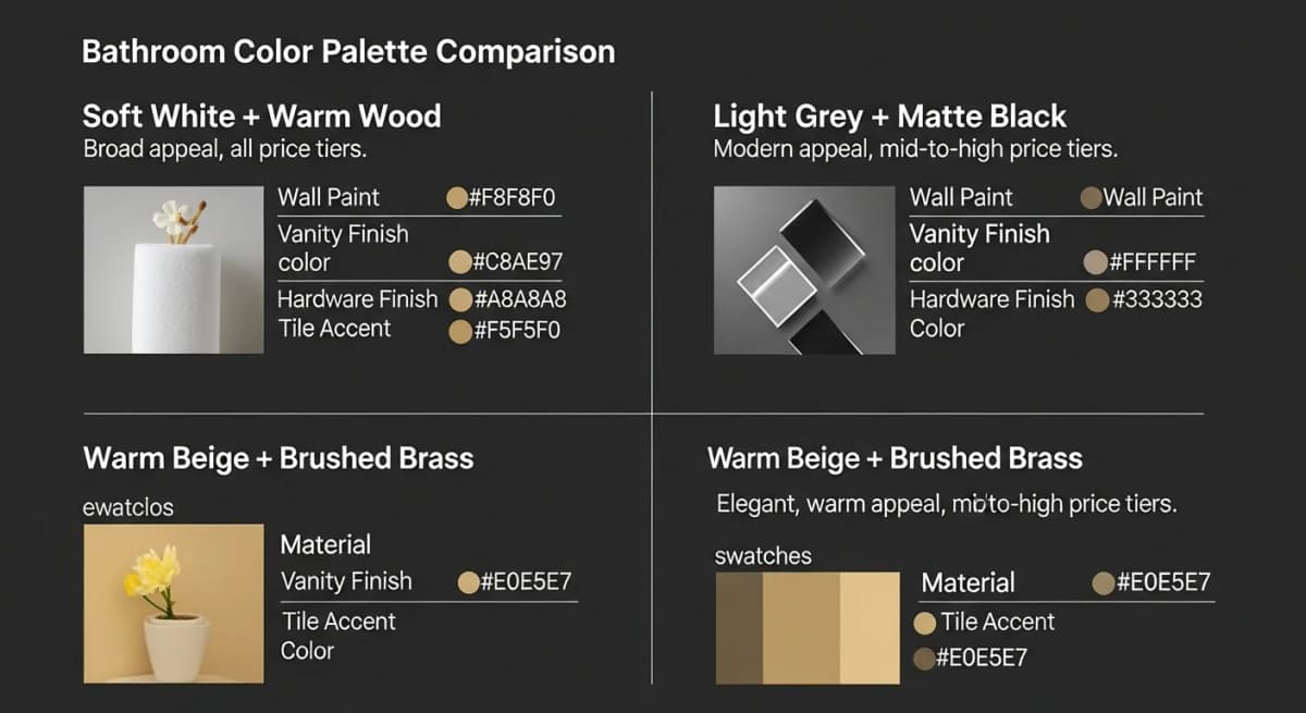 Comparison: four resale-neutral bathroom color palettes arranged in a grid — soft white plus warm wood vanity, light gray plus matte black hardware, warm beige plus brushed brass, and pale blue-gray plus brushed nickel — each showing wall color, vanity tone, hardware finish, and tile accent color