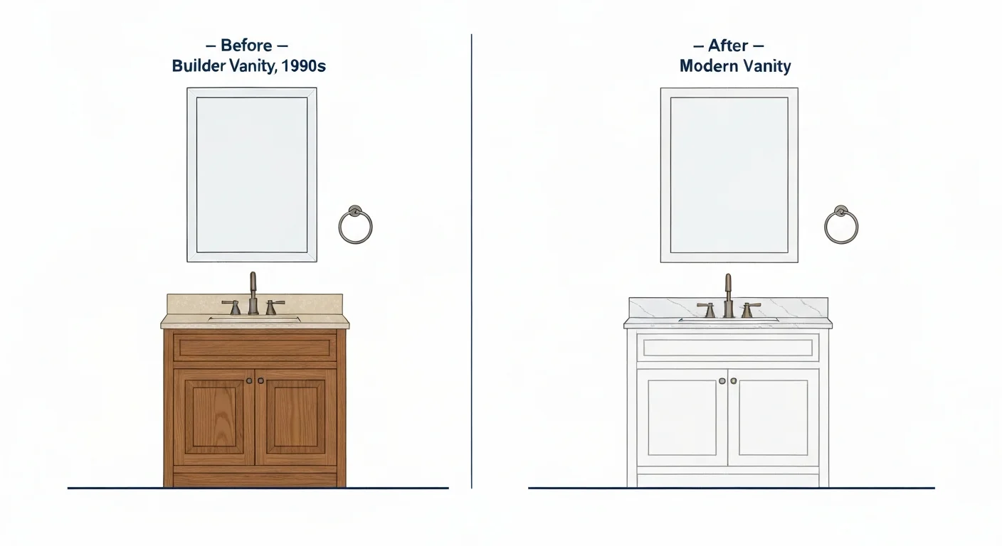 Before-and-after illustration: vanity swap in a typical Boise bathroom — before image shows a dated oak-front builder vanity with cultured marble top from the 1990s, after image shows a modern shaker-front vanity in warm white with a quartz top, brushed brass faucet, and an updated mirror