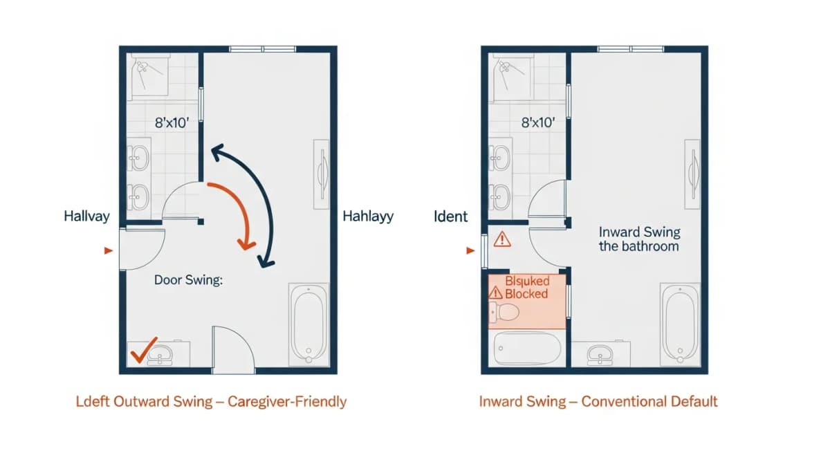 Diagram: side-by-side comparison of bathroom door swing directions — left panel shows a door swinging outward into the hallway providing full clearance inside the bathroom for caregiver assistance, right panel shows a door swinging inward into the bathroom (the conventional default) which blocks usable floor space and traps the caregiver behind the door if the bather falls