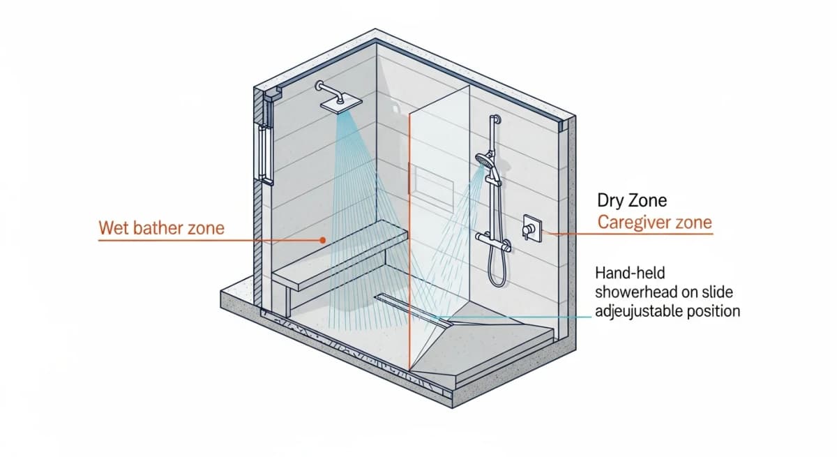 Diagram: cross-section of a dual-zone curbless walk-in shower showing the bather's seating bench on one side under a fixed showerhead, and a separate caregiver standing zone on the dry side with a hand-held showerhead on a sliding bar — both within reach but in different spatial zones