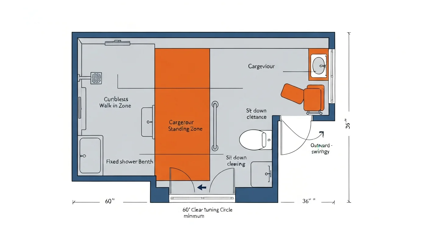 Diagram: overhead bathroom floor plan showing a caregiver-optimized layout — wide doorway, generous turning space at the toilet and shower, dual-zone shower with separate caregiver standing position outside the spray pattern, transfer-bench plumbing pre-roughs marked, anti-fatigue surface on the caregiver side, with each caregiver-specific feature highlighted in burnt orange