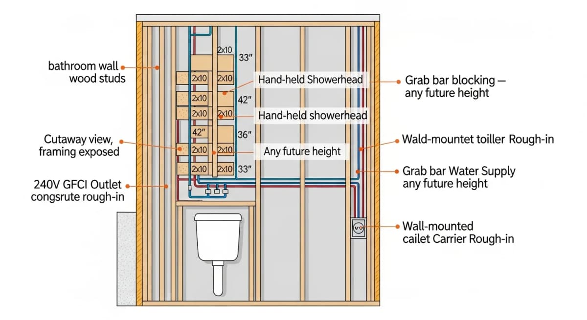 Diagram: cross-section of a transfer-bench plumbing pre-rough including a wall-mounted soap dispenser supply line, a hand-held showerhead drop, an extra GFCI outlet at counter height for a heated towel or styling tools, and a marked structural blocking pattern in the wall framing to support future grab bar installation at any height