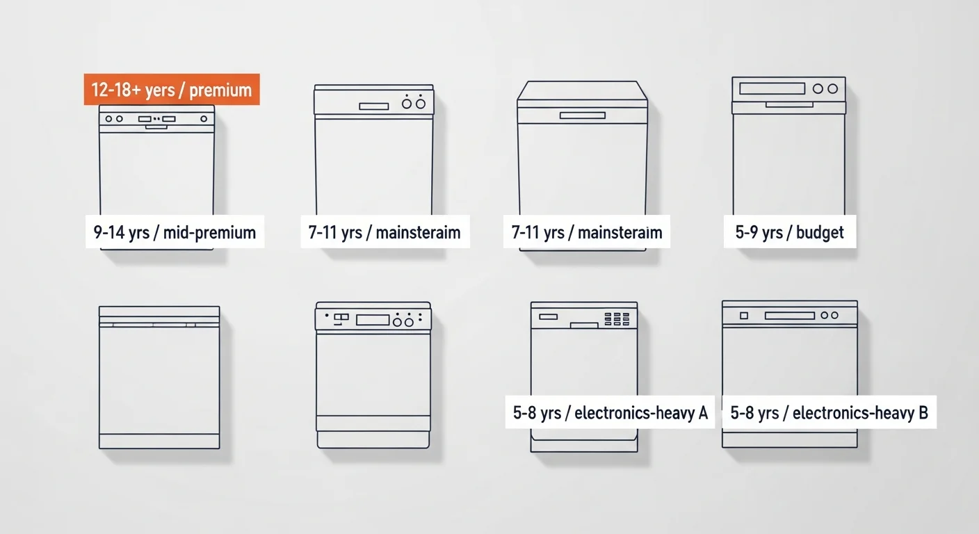 Comparison: six dishwasher brand silhouettes arranged in a grid (Bosch, Miele, KitchenAid, Whirlpool, Samsung, LG) with their typical 14-grain Boise water survival year range labeled beneath each — ranging from 5-8 years to 12-18+ years — and a key reliability feature noted under each brand