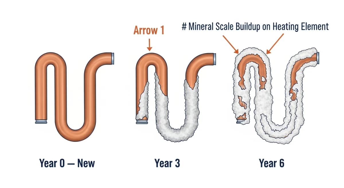 Illustration: progressive close-up of a dishwasher heating element coil showing three stages of mineral scale buildup — year zero (clean copper-tone heating element), year three (thin layer of white calcium scale), and year six (heavy scale crust thick enough to insulate the heating element and cause premature failure)