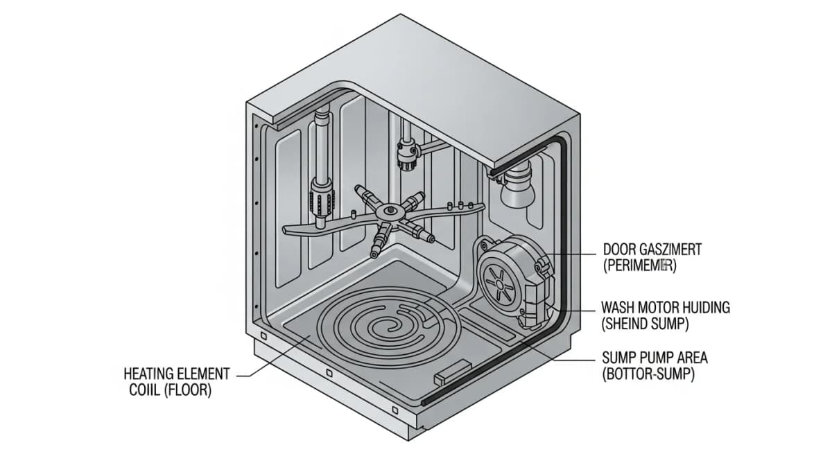 Diagram: cross-section of a residential dishwasher showing five points where hard-water scale accumulates and causes failure — heating element coil, spray arm bearings, sump pump impeller, wash motor seal, and door gasket — with burnt orange callout markers at each point