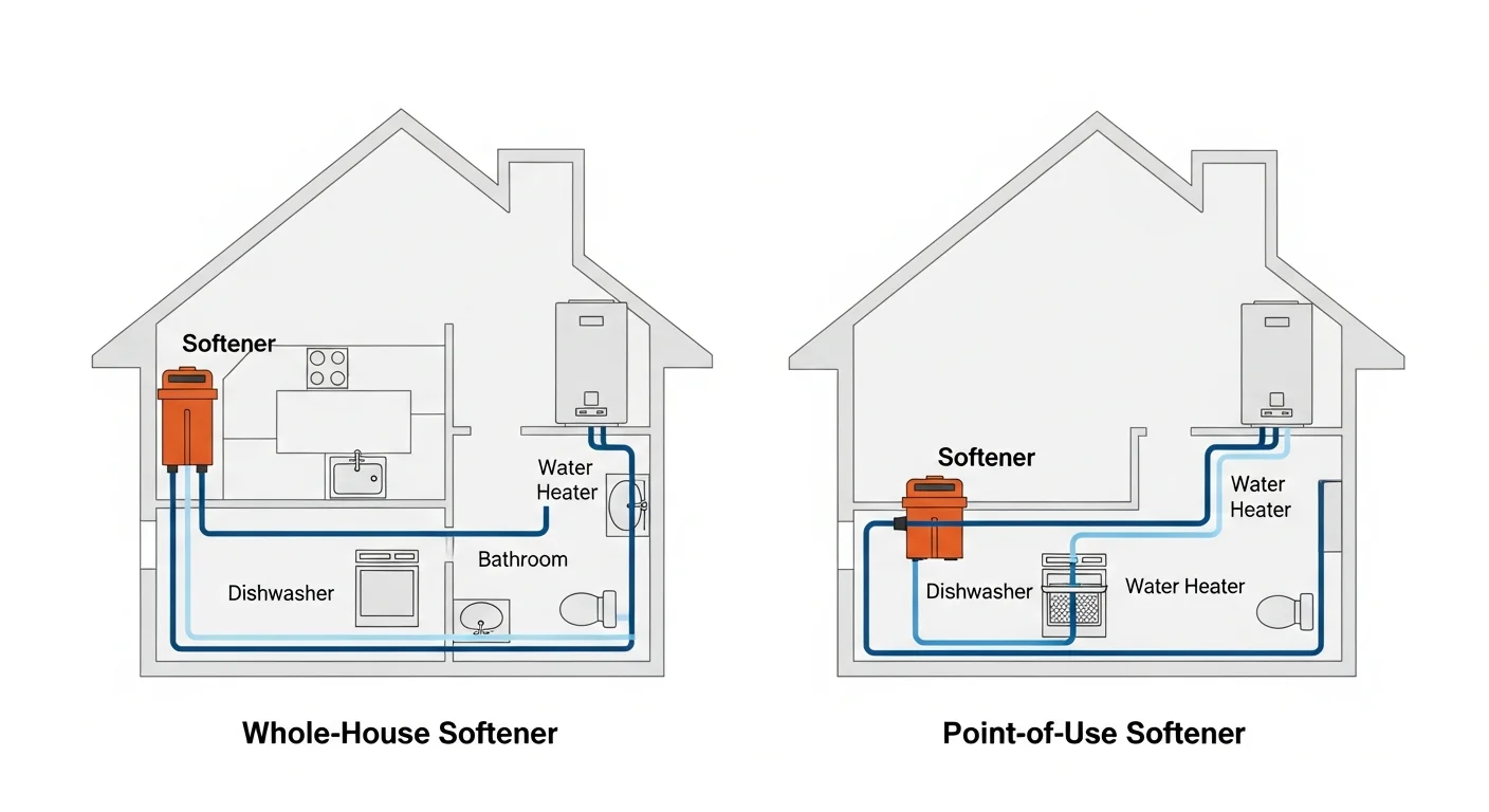 Diagram: kitchen sink area plumbing layout showing two configurations — left side shows a whole-house water softener loop with treated water reaching all kitchen fixtures and the dishwasher, right side shows a point-of-use softener installed under the sink for just the dishwasher cold water line