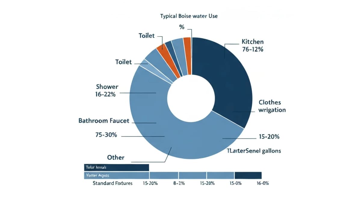 Diagram: chart showing typical Boise household bathroom water use breakdown — toilet flushing (24-32% of total household water), shower (16-22%), faucet (7-12%), with annual gallons labeled for each category at WaterSense-certified levels versus standard fixture levels