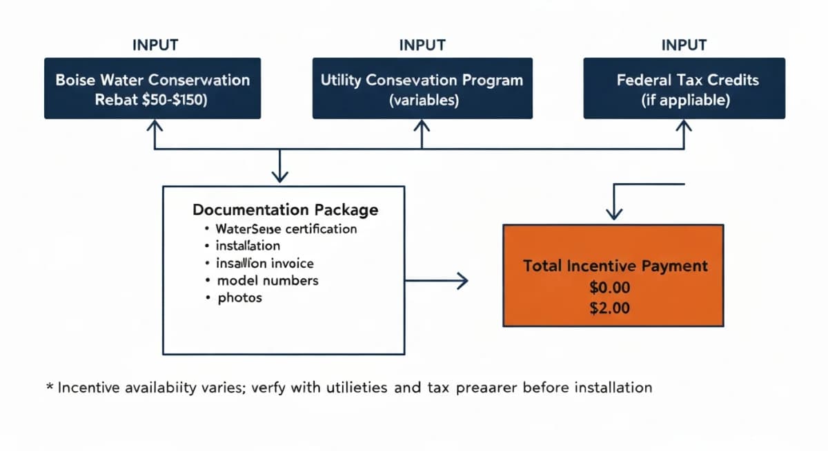 Diagram: flowchart showing the rebate-stacking process for WaterSense bathroom fixtures — Boise utility company rebate ($50-$150 per fixture), federal IRA-related tax credits, and state Idaho water-conservation programs — combined into a single homeowner-applicable incentive package with documentation requirements