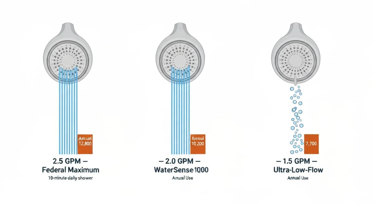 Comparison: three showerhead flow rates — 2.5 GPM standard (federal maximum), 2.0 GPM WaterSense, and 1.5 GPM ultra-low-flow with thermostatic regulation — each shown with annual water-use estimates for typical shower duration and household size, plus user-experience notes