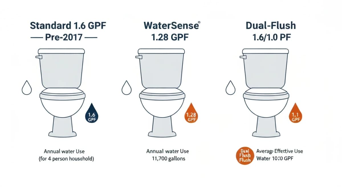 Comparison: three toilet flush configurations — standard 1.6 GPF toilet (pre-2017 federal standard), 1.28 GPF WaterSense single-flush, and 1.6/1.0 GPF dual-flush — each with annual water-use estimates for a 4-person household and price-range labels