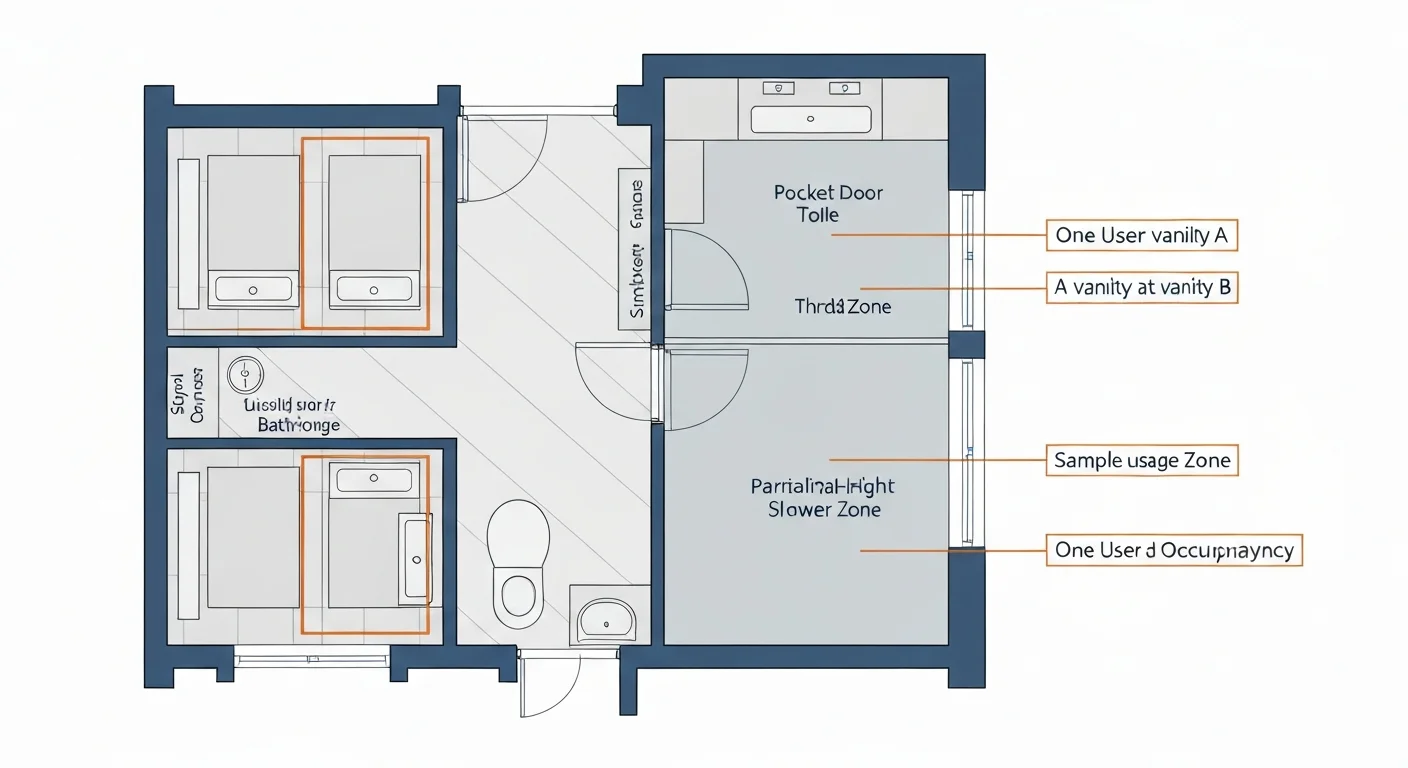 Diagram: floor plan of a single bathroom configured for dual-user shared morning routines — two separate vanity sinks at opposite ends, pocket-door toilet compartment, separated shower zone, with usage zones color-coded showing simultaneous occupancy patterns