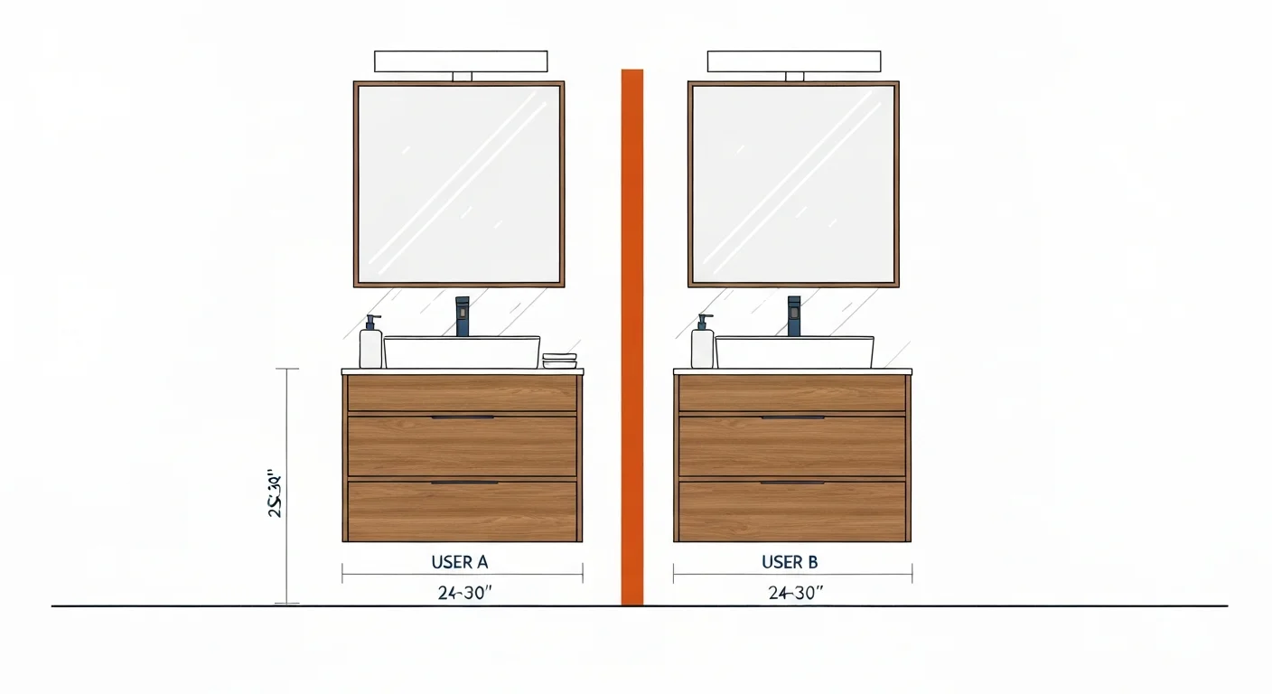 Diagram: bathroom layout with two separate vanity sinks at opposite walls or different counter sections — each with its own mirror, drawer storage, and electrical outlets — labeled with usage zones for each user