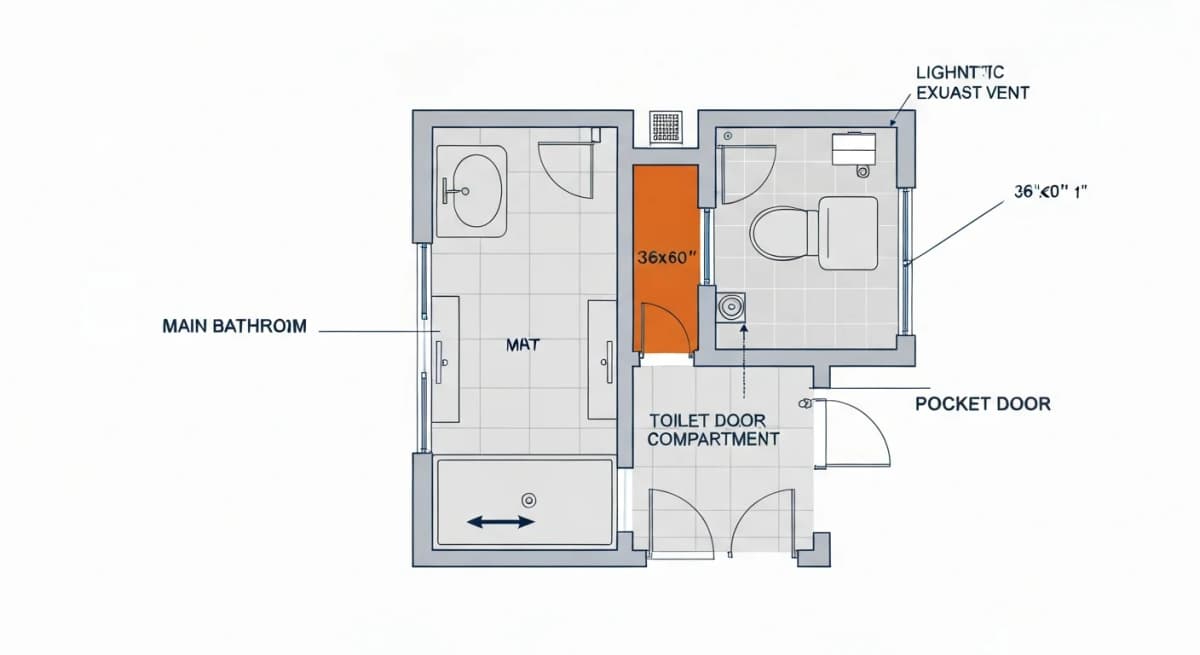 Diagram: bathroom layout showing a small toilet compartment separated from the main bathroom by a pocket door — the compartment is sized for the toilet only with sufficient clearance, while the main bathroom remains accessible for vanity and shower use