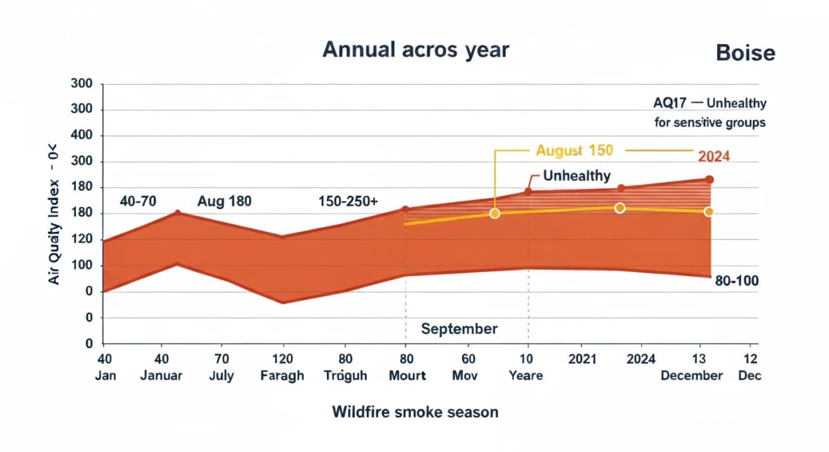 Annual chart showing Boise's monthly average AQI from January through December with August and September highlighted as peak smoke months — average AQI 50-80 most months, August-September spiking to 100-250+ with annotations showing major wildfire smoke events in recent years and the household-impact implications