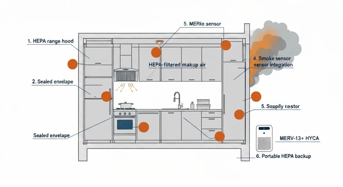 Architectural cross-section diagram of a Boise residential kitchen showing six labeled smoke-event design elements — HEPA-rated range hood with built-in filtration, sealed kitchen envelope (weatherstripping at doors and windows, sealed outlet penetrations), HEPA-filtered makeup air supply, smoke-sensor integrated to home automation, MERV-13+ HVAC filtration, and portable HEPA air purifier station — each labeled with function and impact