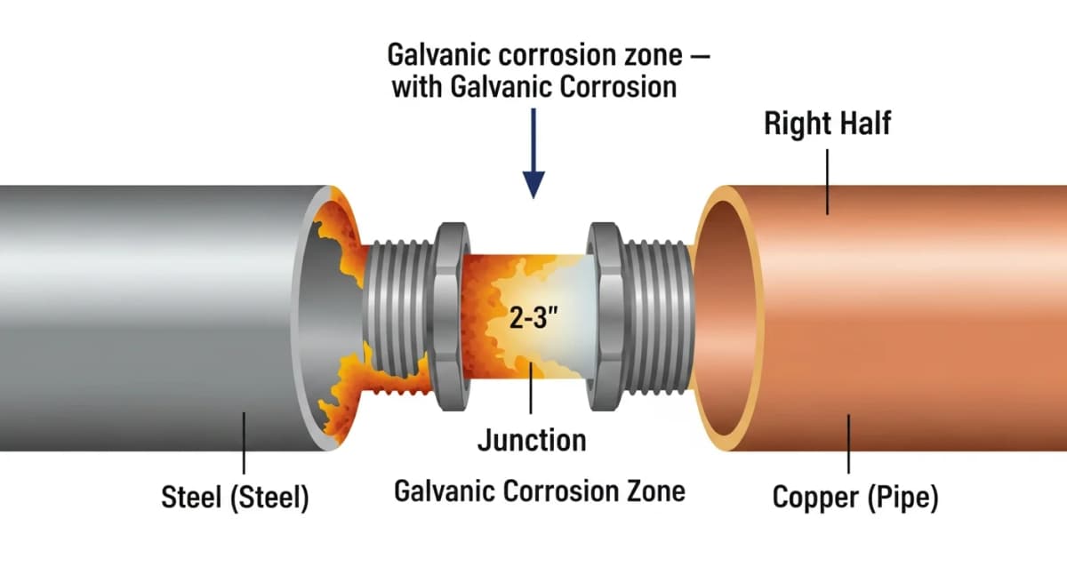 Diagram: cross-section showing a steel-to-copper pipe junction with galvanic corrosion at the connection point — the steel side shows accelerated rust formation at the joint, the copper side is unaffected, and an arrow indicates the electrochemical reaction direction that drives the corrosion